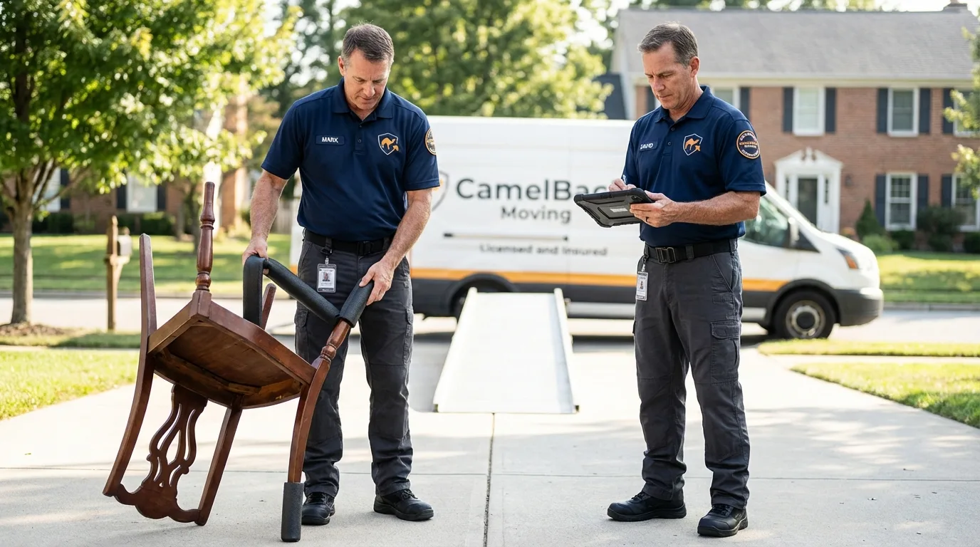 Movers inspecting furniture for damage prevention before loading in Taloga, OK